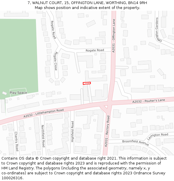 7, WALNUT COURT, 15, OFFINGTON LANE, WORTHING, BN14 9RH: Location map and indicative extent of plot
