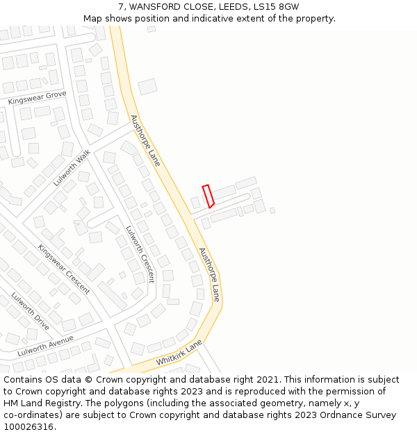 7, WANSFORD CLOSE, LEEDS, LS15 8GW: Location map and indicative extent of plot