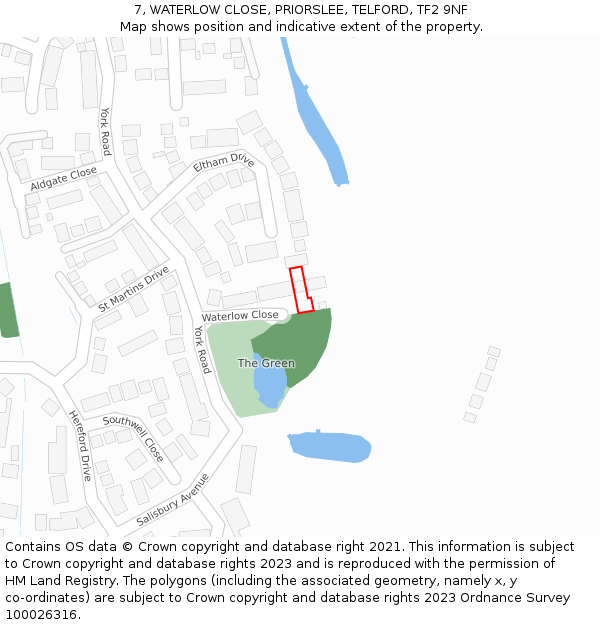 7, WATERLOW CLOSE, PRIORSLEE, TELFORD, TF2 9NF: Location map and indicative extent of plot