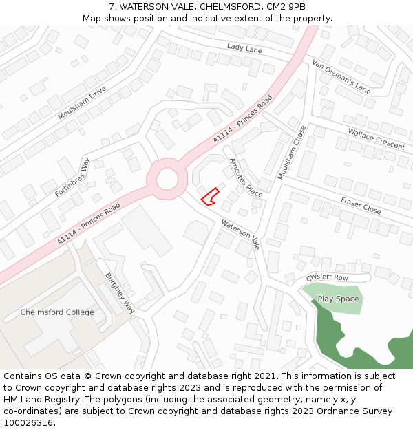 7, WATERSON VALE, CHELMSFORD, CM2 9PB: Location map and indicative extent of plot