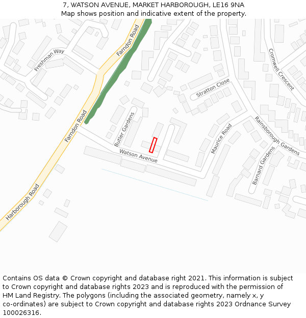 7, WATSON AVENUE, MARKET HARBOROUGH, LE16 9NA: Location map and indicative extent of plot