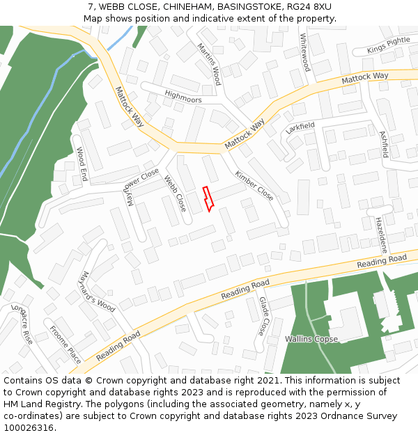 7, WEBB CLOSE, CHINEHAM, BASINGSTOKE, RG24 8XU: Location map and indicative extent of plot