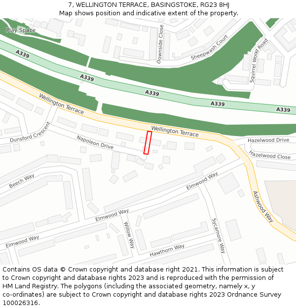 7, WELLINGTON TERRACE, BASINGSTOKE, RG23 8HJ: Location map and indicative extent of plot