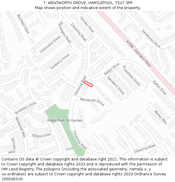 7, WENTWORTH GROVE, HARTLEPOOL, TS27 3PP: Location map and indicative extent of plot