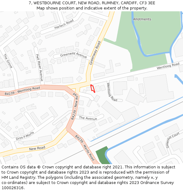 7, WESTBOURNE COURT, NEW ROAD, RUMNEY, CARDIFF, CF3 3EE: Location map and indicative extent of plot