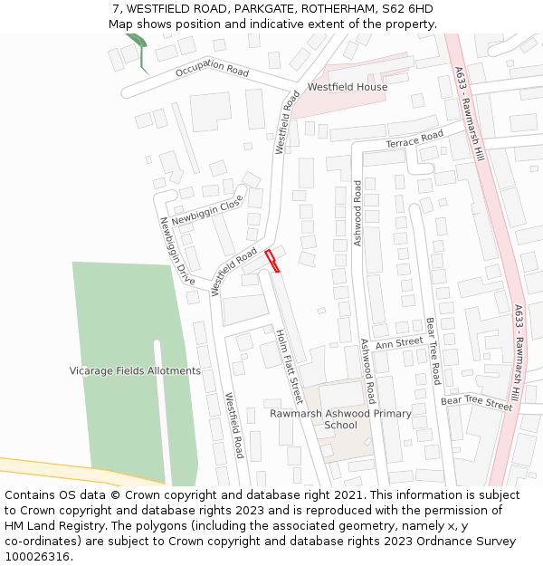 7, WESTFIELD ROAD, PARKGATE, ROTHERHAM, S62 6HD: Location map and indicative extent of plot