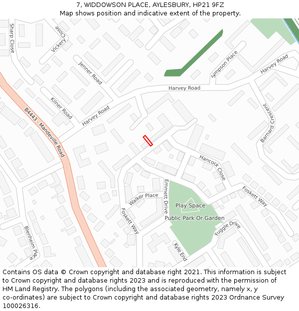 7, WIDDOWSON PLACE, AYLESBURY, HP21 9FZ: Location map and indicative extent of plot