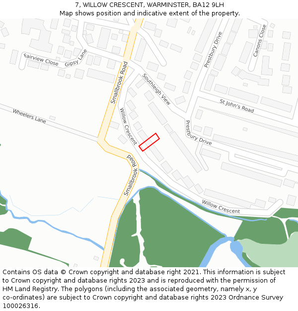 7, WILLOW CRESCENT, WARMINSTER, BA12 9LH: Location map and indicative extent of plot