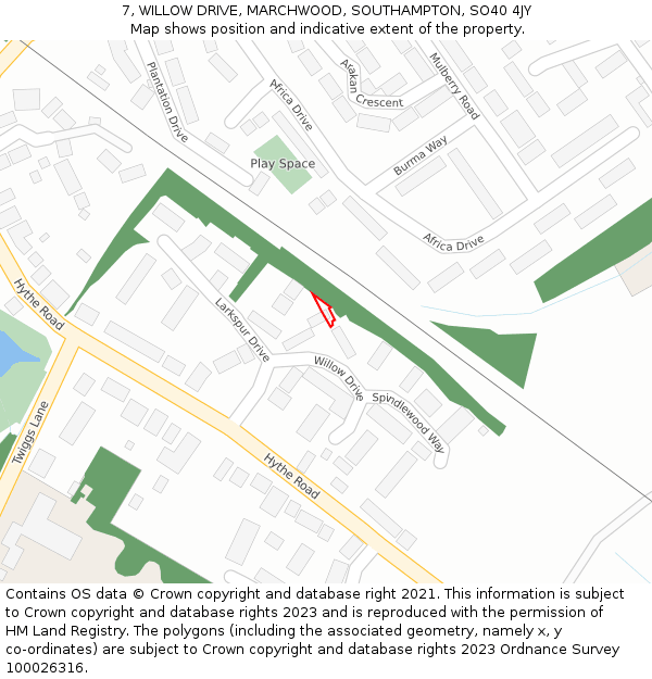 7, WILLOW DRIVE, MARCHWOOD, SOUTHAMPTON, SO40 4JY: Location map and indicative extent of plot