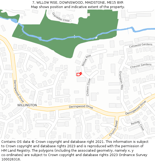 7, WILLOW RISE, DOWNSWOOD, MAIDSTONE, ME15 8XR: Location map and indicative extent of plot