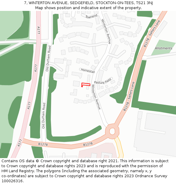 7, WINTERTON AVENUE, SEDGEFIELD, STOCKTON-ON-TEES, TS21 3NJ: Location map and indicative extent of plot