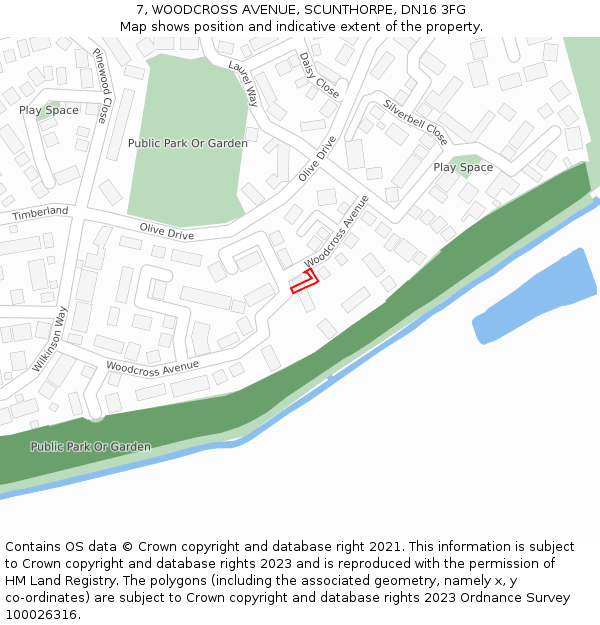 7, WOODCROSS AVENUE, SCUNTHORPE, DN16 3FG: Location map and indicative extent of plot