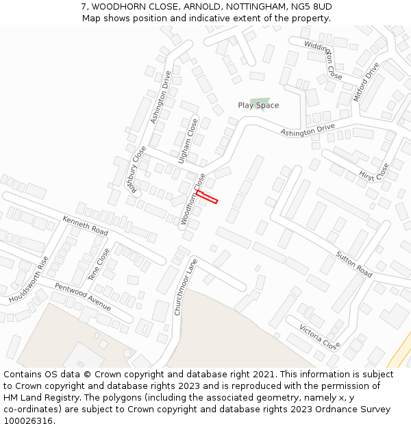 7, WOODHORN CLOSE, ARNOLD, NOTTINGHAM, NG5 8UD: Location map and indicative extent of plot
