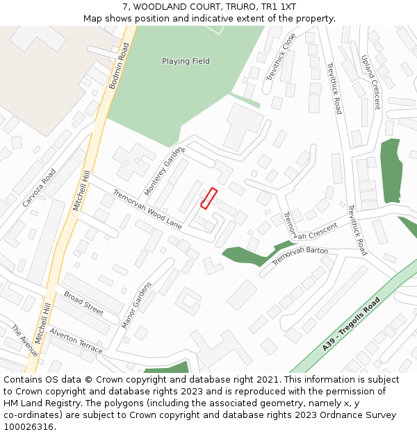 7, WOODLAND COURT, TRURO, TR1 1XT: Location map and indicative extent of plot