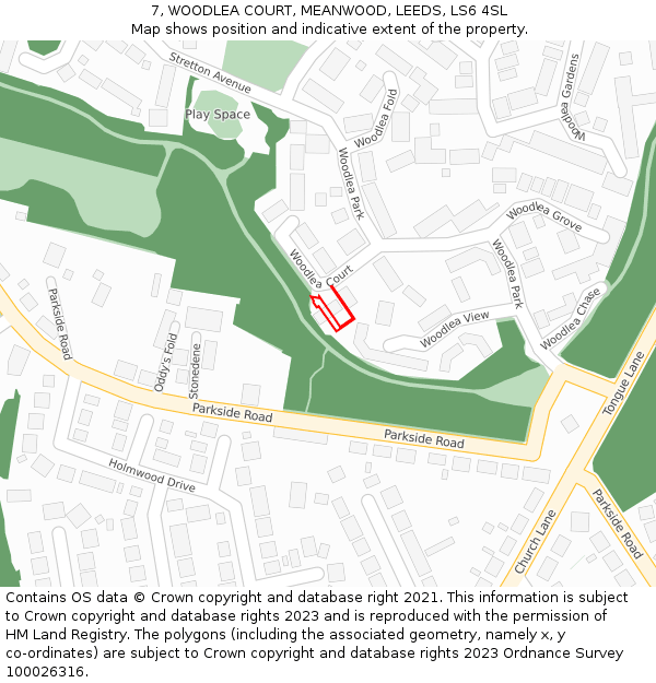 7, WOODLEA COURT, MEANWOOD, LEEDS, LS6 4SL: Location map and indicative extent of plot