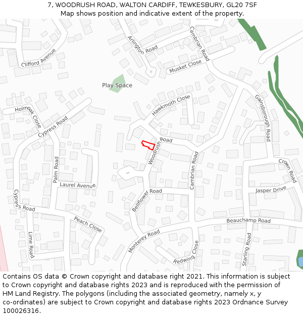 7, WOODRUSH ROAD, WALTON CARDIFF, TEWKESBURY, GL20 7SF: Location map and indicative extent of plot