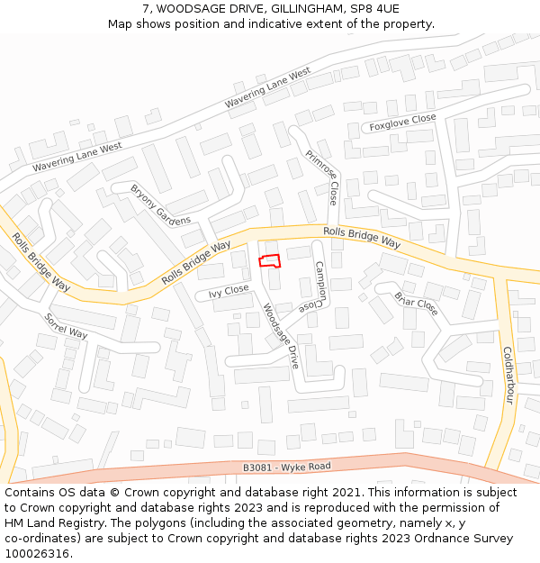 7, WOODSAGE DRIVE, GILLINGHAM, SP8 4UE: Location map and indicative extent of plot