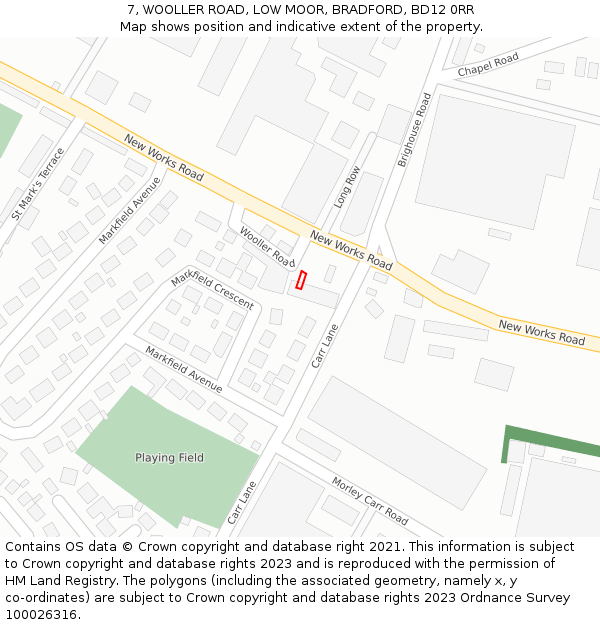 7, WOOLLER ROAD, LOW MOOR, BRADFORD, BD12 0RR: Location map and indicative extent of plot
