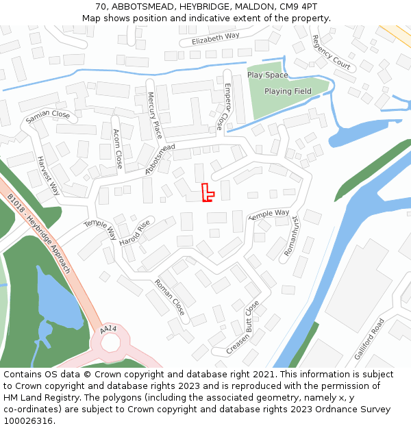 70, ABBOTSMEAD, HEYBRIDGE, MALDON, CM9 4PT: Location map and indicative extent of plot
