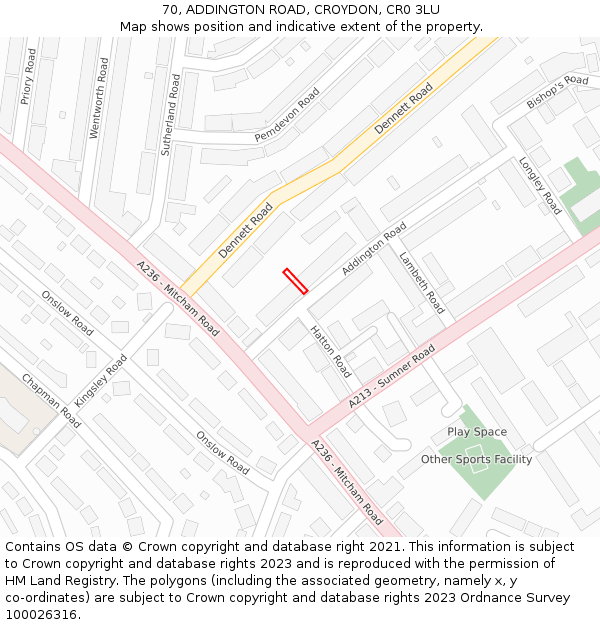 70, ADDINGTON ROAD, CROYDON, CR0 3LU: Location map and indicative extent of plot