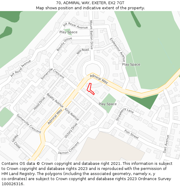 70, ADMIRAL WAY, EXETER, EX2 7GT: Location map and indicative extent of plot