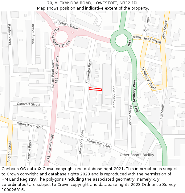 70, ALEXANDRA ROAD, LOWESTOFT, NR32 1PL: Location map and indicative extent of plot