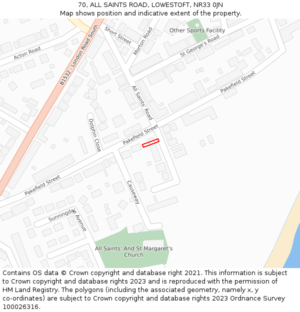 70, ALL SAINTS ROAD, LOWESTOFT, NR33 0JN: Location map and indicative extent of plot