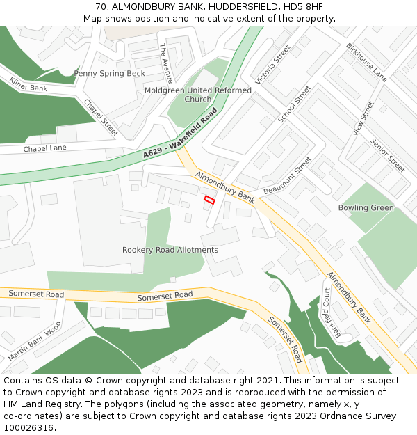 70, ALMONDBURY BANK, HUDDERSFIELD, HD5 8HF: Location map and indicative extent of plot