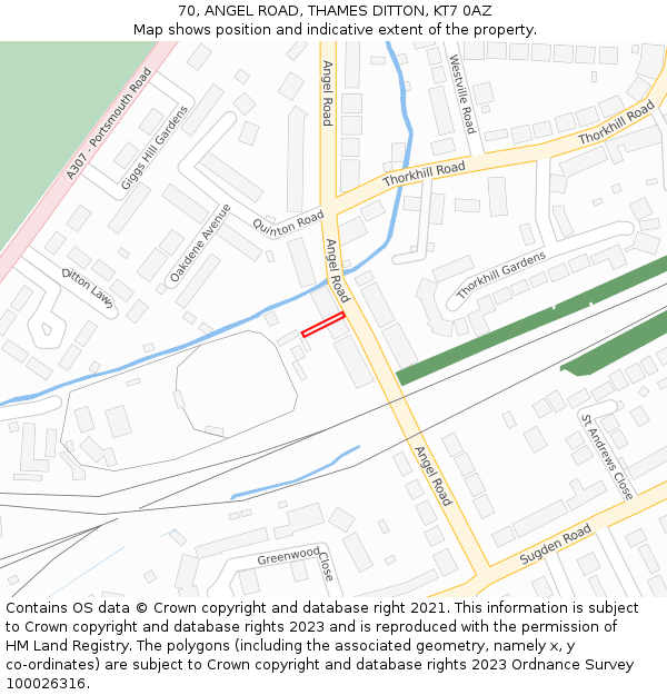 70, ANGEL ROAD, THAMES DITTON, KT7 0AZ: Location map and indicative extent of plot