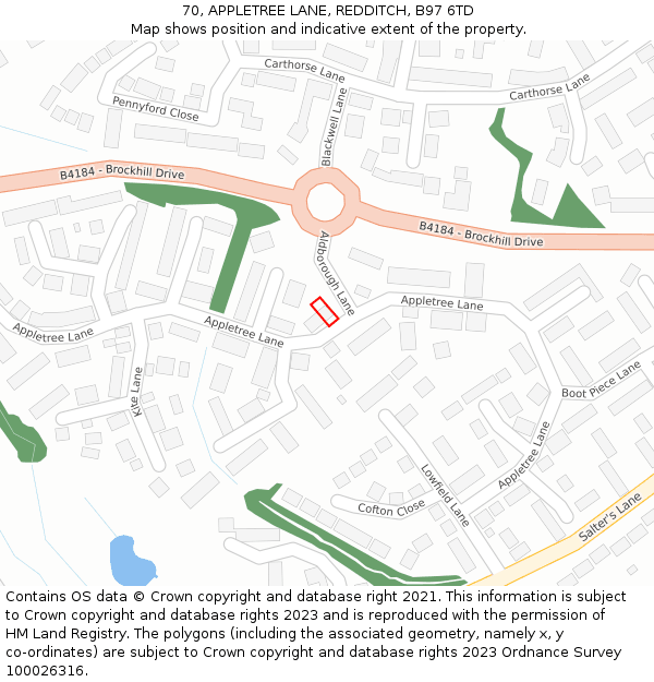 70, APPLETREE LANE, REDDITCH, B97 6TD: Location map and indicative extent of plot