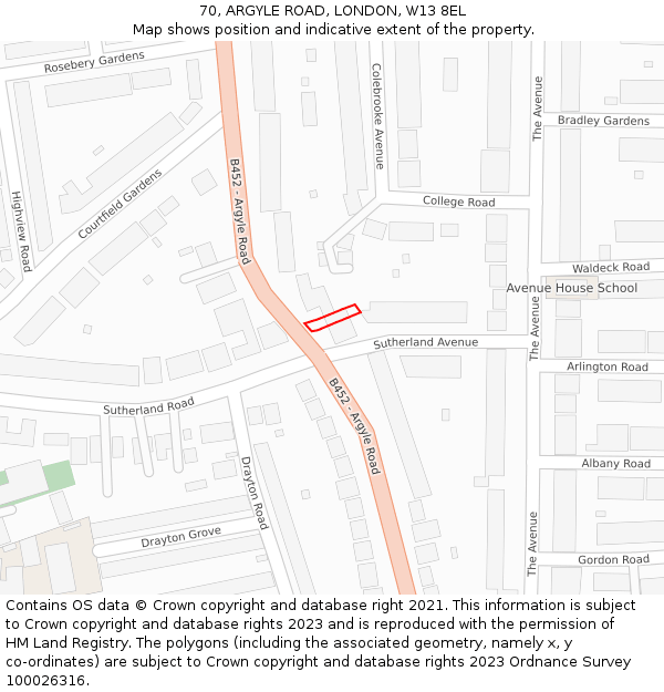 70, ARGYLE ROAD, LONDON, W13 8EL: Location map and indicative extent of plot