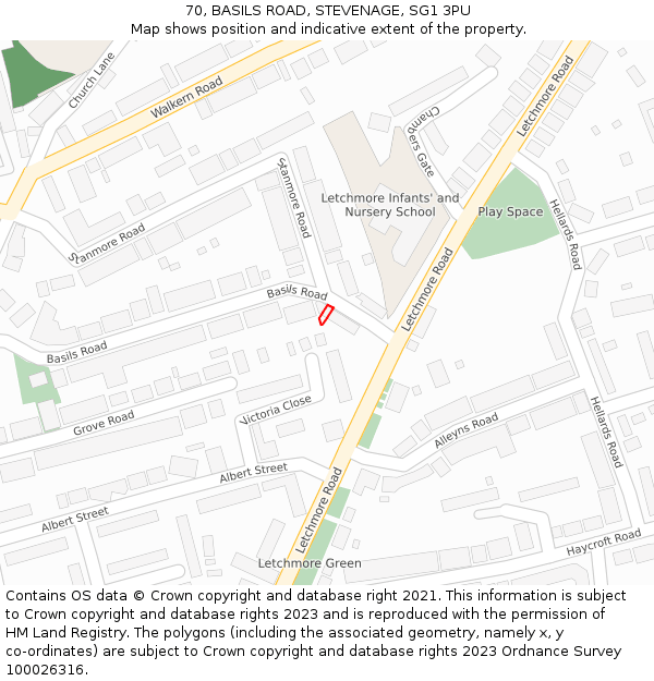 70, BASILS ROAD, STEVENAGE, SG1 3PU: Location map and indicative extent of plot