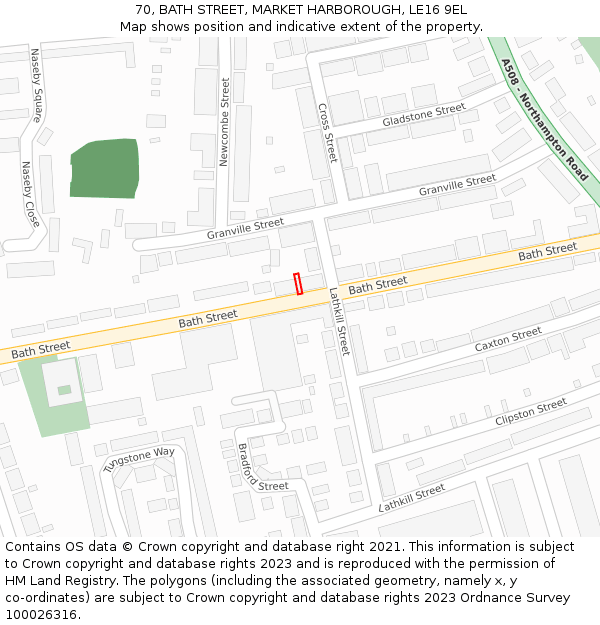 70, BATH STREET, MARKET HARBOROUGH, LE16 9EL: Location map and indicative extent of plot