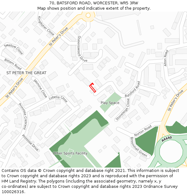 70, BATSFORD ROAD, WORCESTER, WR5 3RW: Location map and indicative extent of plot