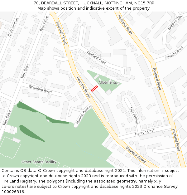 70, BEARDALL STREET, HUCKNALL, NOTTINGHAM, NG15 7RP: Location map and indicative extent of plot