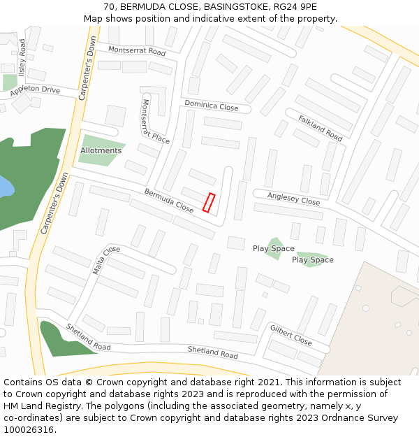 70, BERMUDA CLOSE, BASINGSTOKE, RG24 9PE: Location map and indicative extent of plot