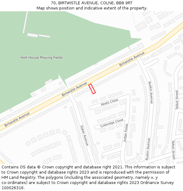 70, BIRTWISTLE AVENUE, COLNE, BB8 9RT: Location map and indicative extent of plot