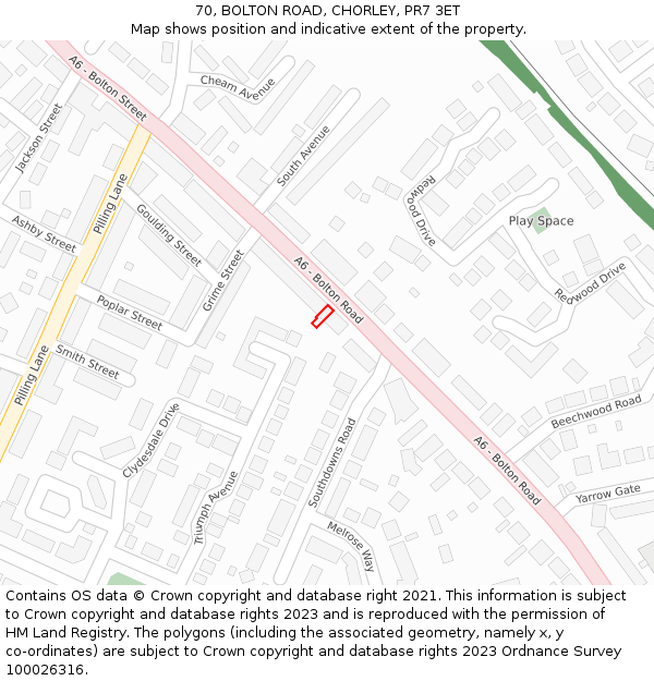 70, BOLTON ROAD, CHORLEY, PR7 3ET: Location map and indicative extent of plot