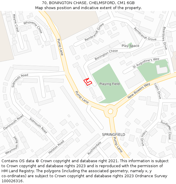 70, BONINGTON CHASE, CHELMSFORD, CM1 6GB: Location map and indicative extent of plot