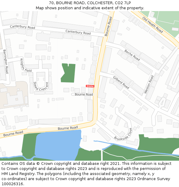 70, BOURNE ROAD, COLCHESTER, CO2 7LP: Location map and indicative extent of plot