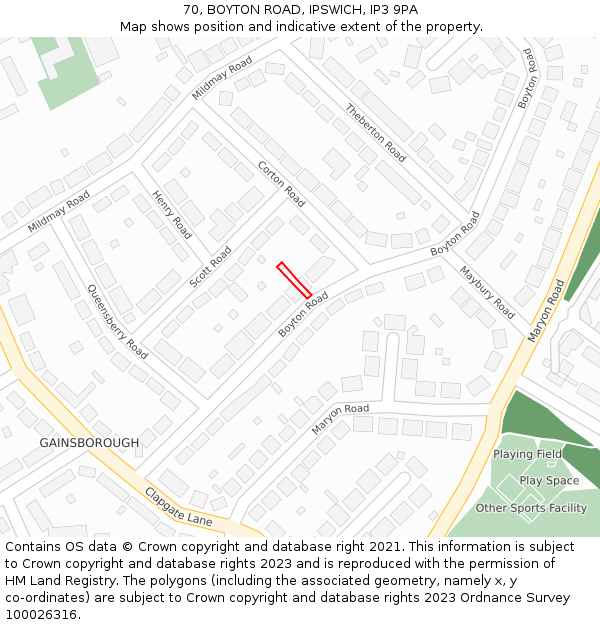 70, BOYTON ROAD, IPSWICH, IP3 9PA: Location map and indicative extent of plot