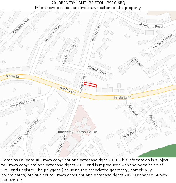70, BRENTRY LANE, BRISTOL, BS10 6RQ: Location map and indicative extent of plot