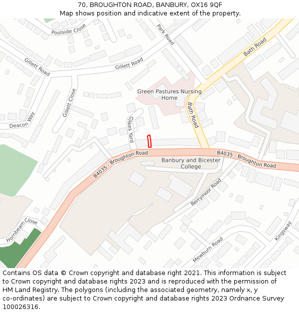 70, BROUGHTON ROAD, BANBURY, OX16 9QF: Location map and indicative extent of plot