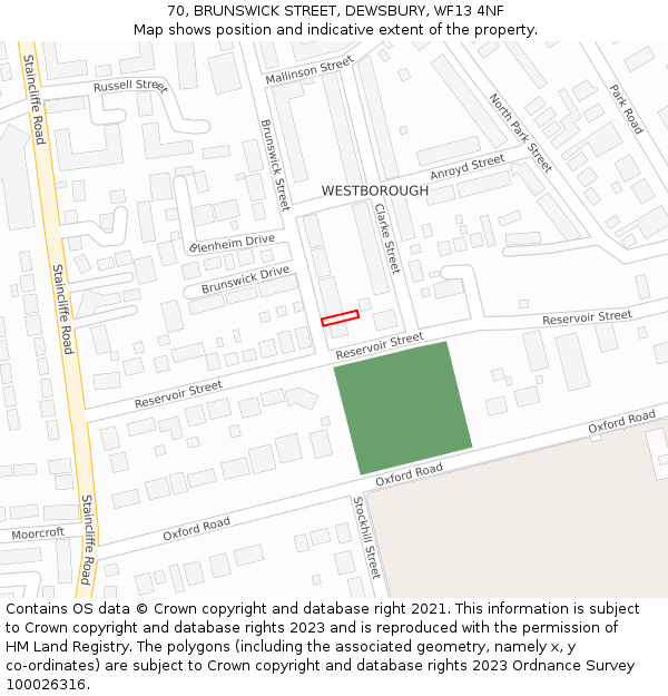 70, BRUNSWICK STREET, DEWSBURY, WF13 4NF: Location map and indicative extent of plot