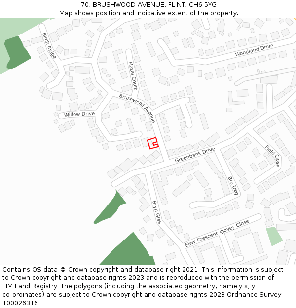 70, BRUSHWOOD AVENUE, FLINT, CH6 5YG: Location map and indicative extent of plot