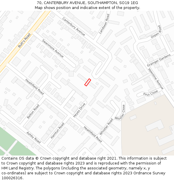 70, CANTERBURY AVENUE, SOUTHAMPTON, SO19 1EG: Location map and indicative extent of plot