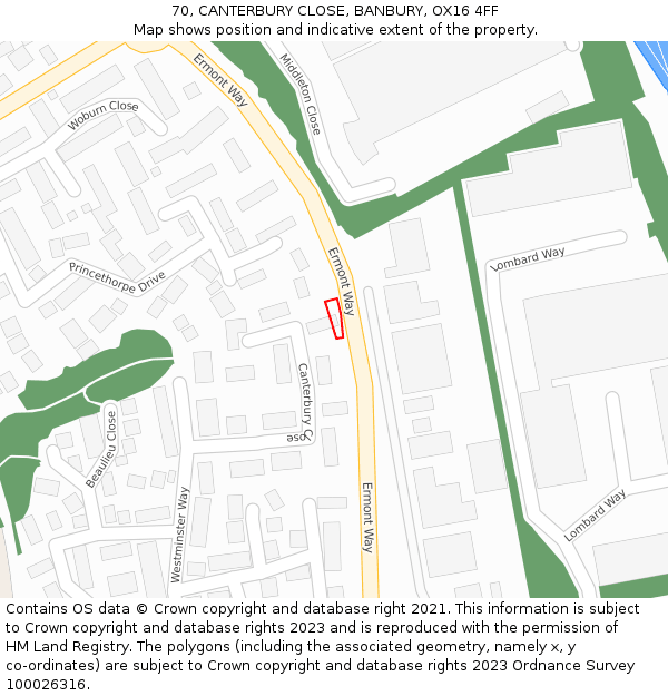 70, CANTERBURY CLOSE, BANBURY, OX16 4FF: Location map and indicative extent of plot