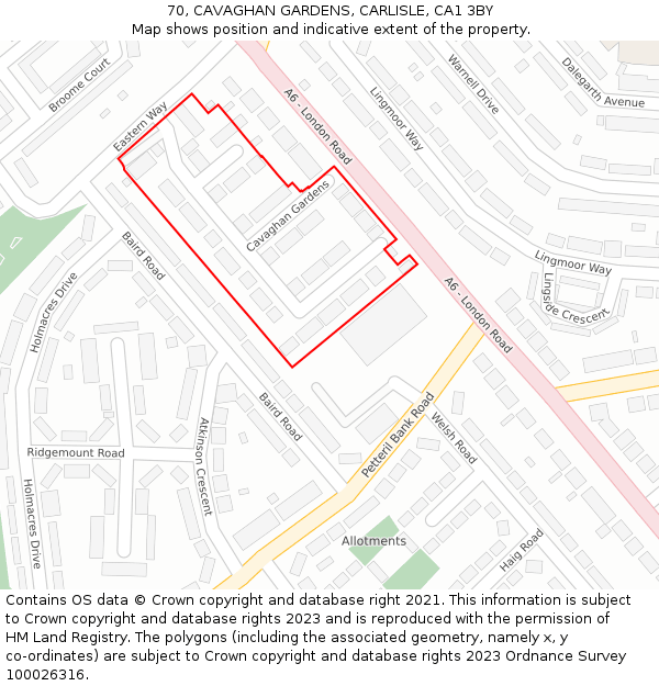 70, CAVAGHAN GARDENS, CARLISLE, CA1 3BY: Location map and indicative extent of plot