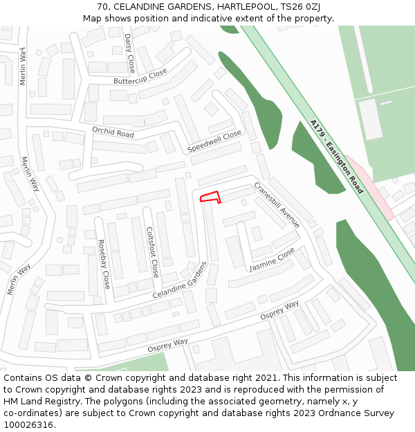 70, CELANDINE GARDENS, HARTLEPOOL, TS26 0ZJ: Location map and indicative extent of plot