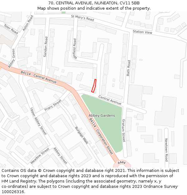 70, CENTRAL AVENUE, NUNEATON, CV11 5BB: Location map and indicative extent of plot